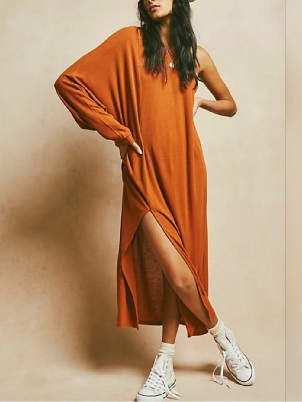 Free People Rust Orange One-Shoulder Midi Dress